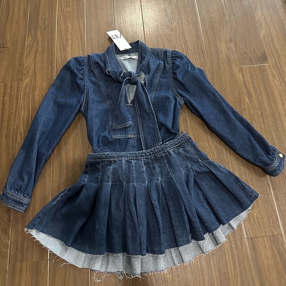 Zara pleated mini skirt and denim neck tied blouse
